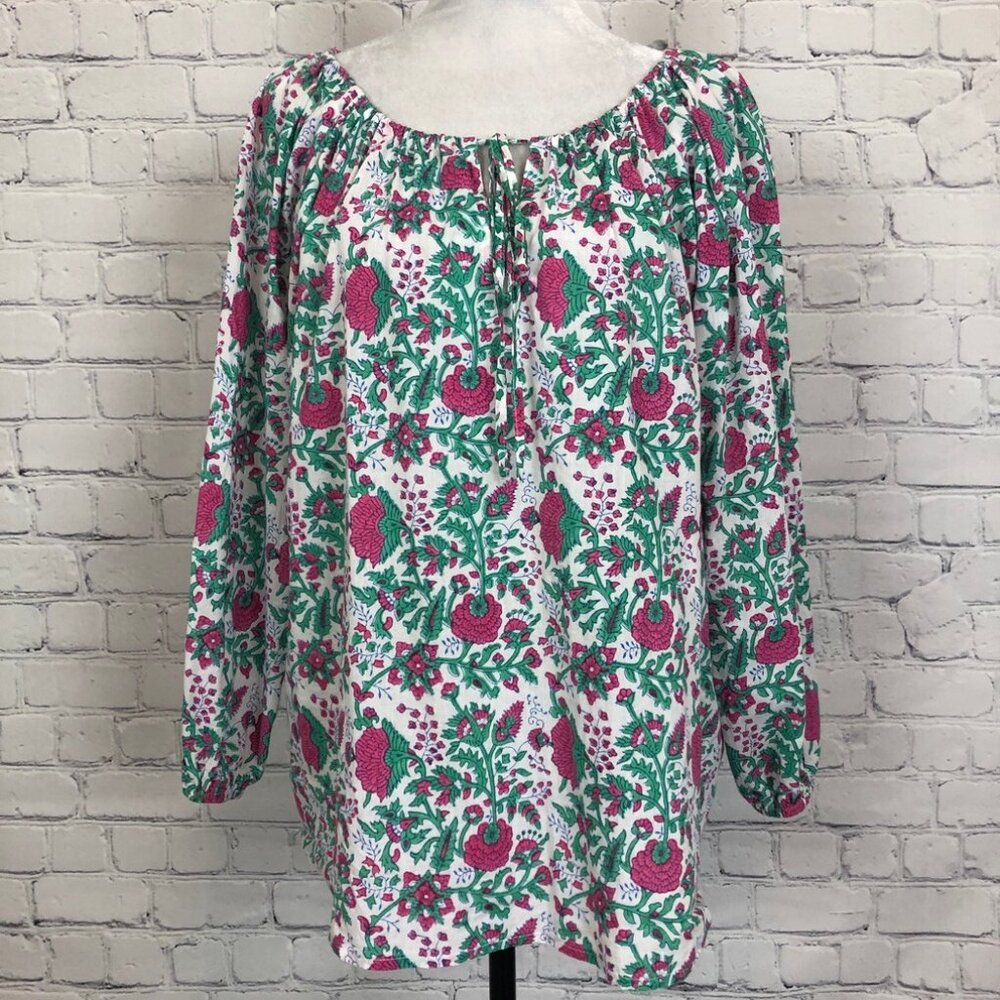 SZ Blockprints Hot Pink Padra Ida Top Size M White Floral